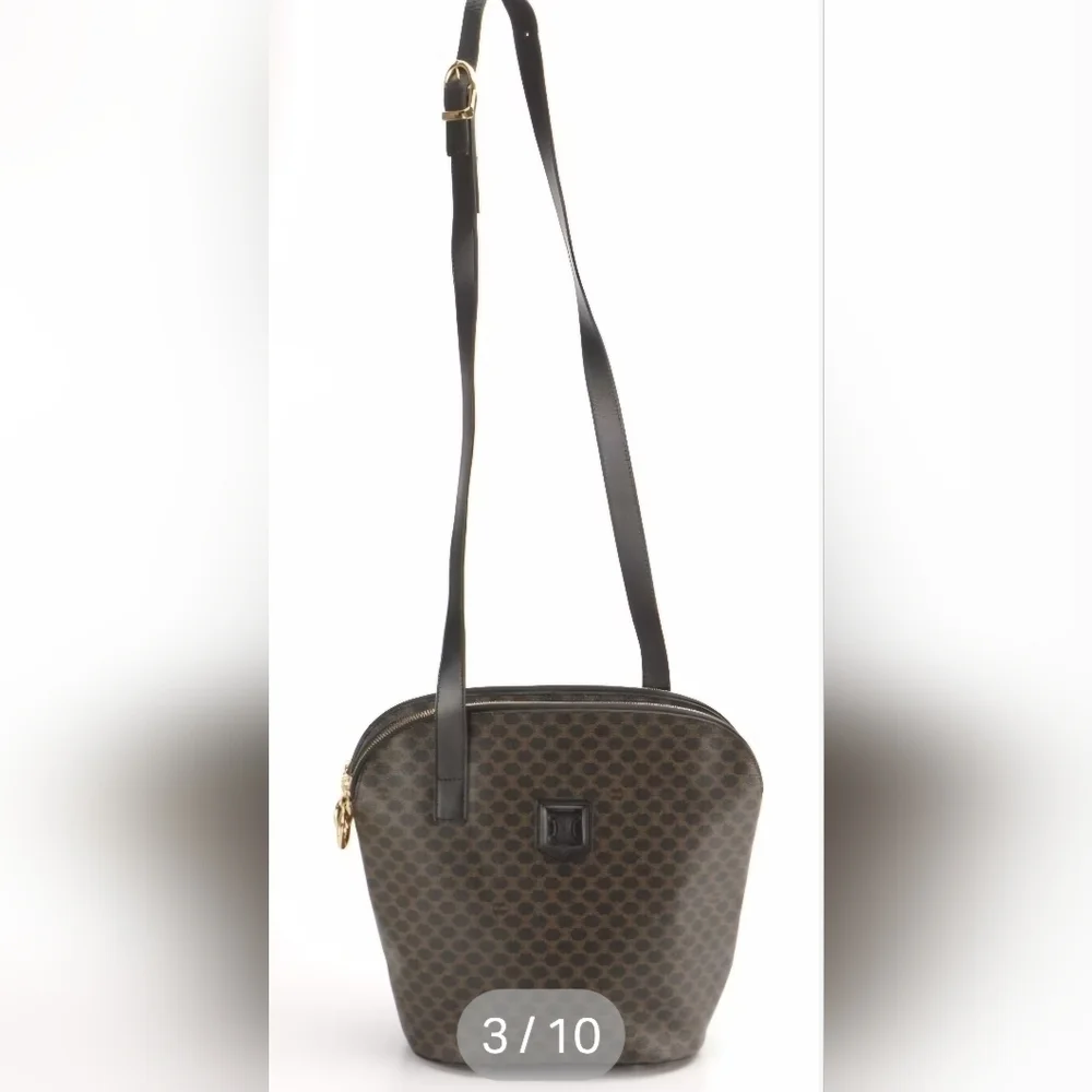 Celine | Double Zip Shoulder Tote Bag | Macadam Canvas & Black Leather | Vintage
